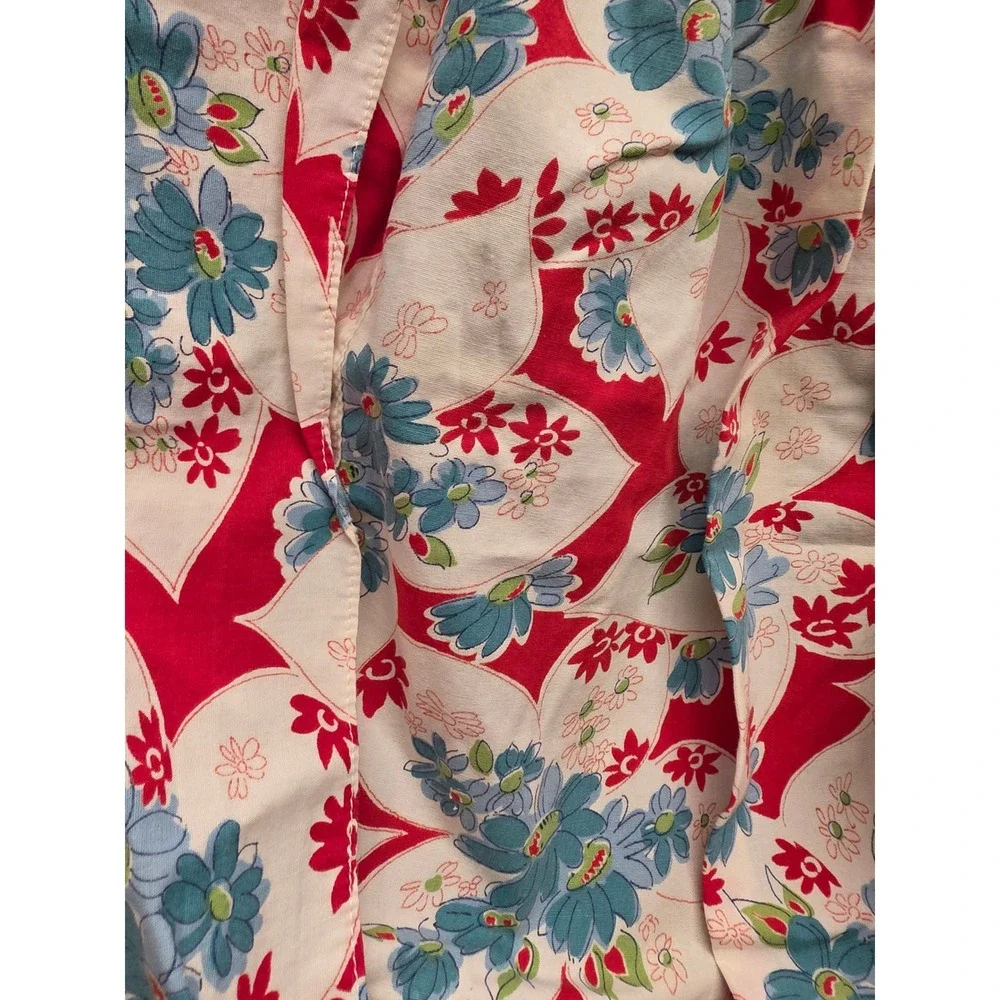 Vintage Floral Half Apron Blue Red White Cotton Mid-Century Retro Kitchen Pocket